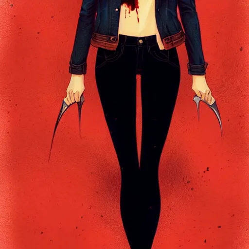 Prompt: loish, artgerm, Joshua Middleton art, pretty Alison Brie serial killer holding bloody knife in right hand realistic hand, blood on clothes and face, sarcastic smile, symmetrical eyes, symmetrical face, jean jacket, jeans, short blonde hair, middle shot, night time, deep blacks