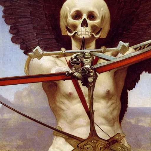 Image similar to portrait of a skeleton archer with big sword, wearing helmets and armor with wings, symmetrical, solemn, sacred, aura, by bouguereau