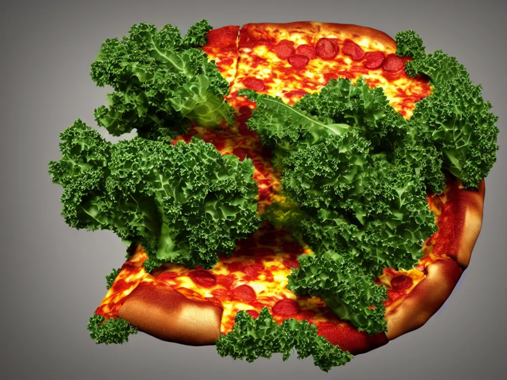 Image similar to highly detailed 3 d render of a raging mad angry kale character, as pizza topping, hyper realistic octane render, cinematic lighting, deviantart, lowbrow, surrealism, pixar still