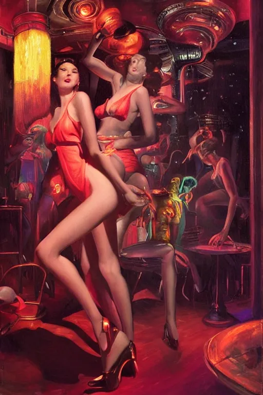 Prompt: Alien debutantes from another planet visit a jazz nightclub in Harlem in 1946, an epic painting, volumetric lighting, intricate, elegant, highly detailed, digital painting, artstation, concept art, smooth, sharp focus, art by Gil Elvgren