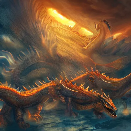 Prompt: family of dragons living in a base on the sun, digital art, highly detailed, epic composition, cinematic lighting