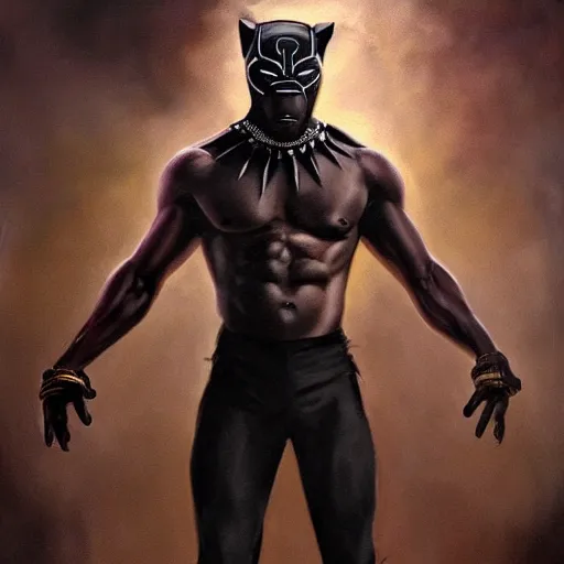 Image similar to 2 pac as black panther, tattoos, full length wide shot. aspect ratio 9 : 1 6. digital painting, extremely detailed, 4 k, intricate, brush strokes, mark arian, artgerm, bastien lecouffe - deharme