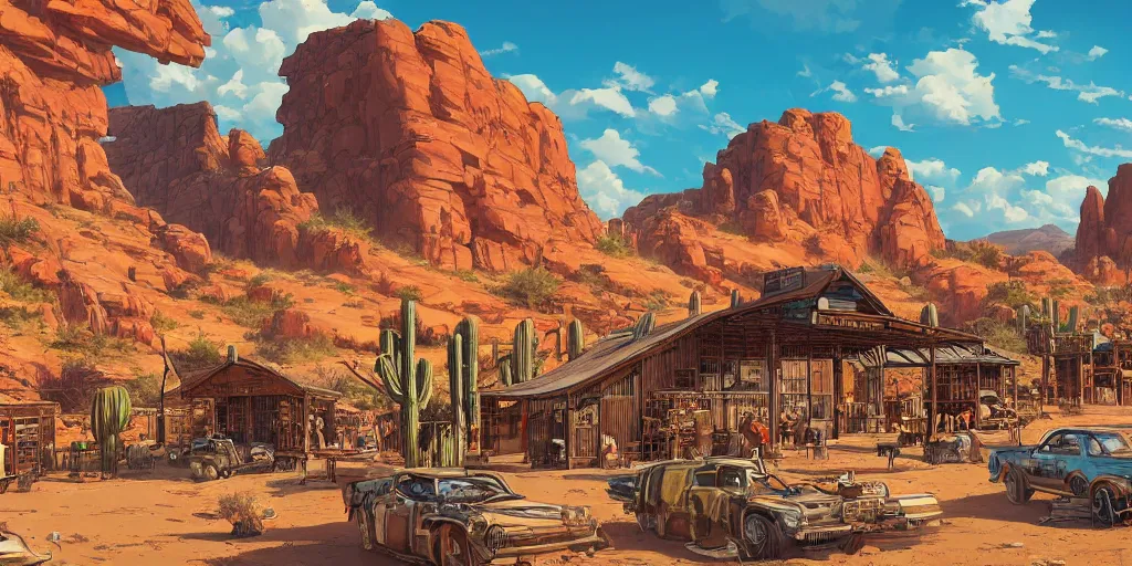 Image similar to a western saloon in the middle of the desert, blue sky and cirrus clouds in background, wide angle by ross tran and makoto shinkai and dan mumford, oasis, cactus, big red rocks, tumbleweeds, pulp sci - fi illustration, very detailed, 4 k horizontal wallpaper,