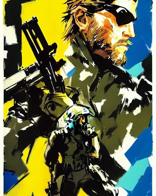 Image similar to Metal gear V Solid Snake by Ashley Wood, Yoji Shinkawa, Jamie Hewlett, 60's French movie poster, French Impressionism, vivid colors, palette knife and brush strokes, Dutch tilt