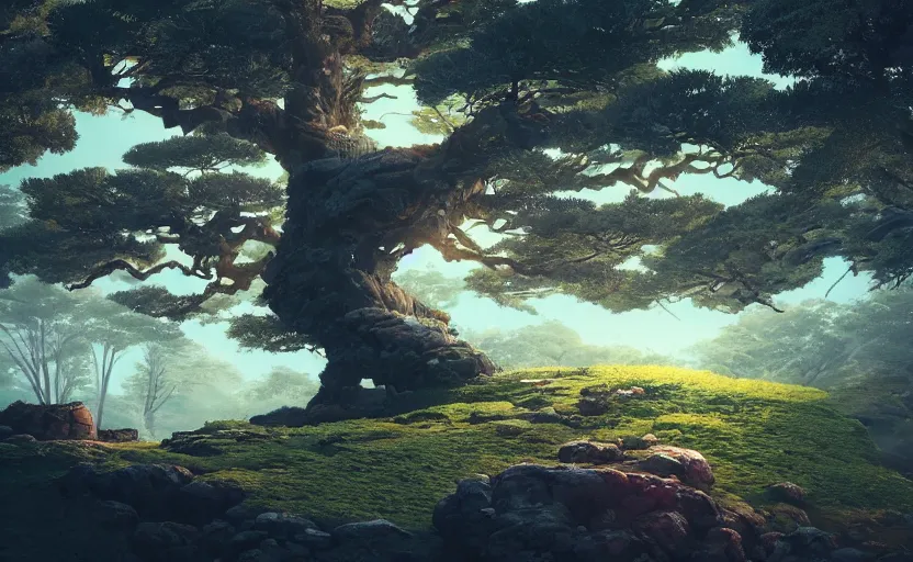 Image similar to japanese tree in the rocky hills, Low level, rendered by Beeple, Makoto Shinkai, syd meade, simon stålenhag, synthwave style, digital art, unreal engine, WLOP, trending on artstation, 4K UHD image, octane render,