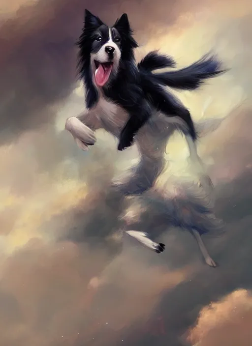 Image similar to wide angle beautiful full body portrait of a cute male anthropomorphic anthro border collie fursona falling from the sky, character design by charlie bowater, henry asencio, and ross tran, disney, scenic background, detailed, aesthetic, trending on artstation, furaffinity, deviantart
