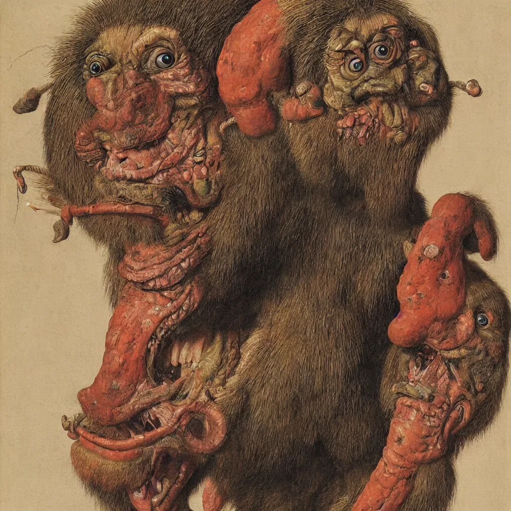 Image similar to close up portrait of a mutant monster creature with colorful mandrill - like nose, baldness, needles portruding through the cheeks, painted forehead, medusae beard. jan van eyck, walton ford