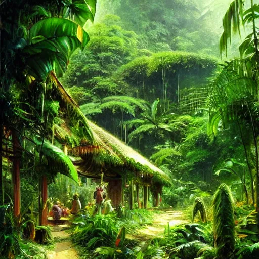Image similar to a village in the rainforest, highly detailed, beautiful, sharp focus, vine, lush plants, artstation, by john berkey