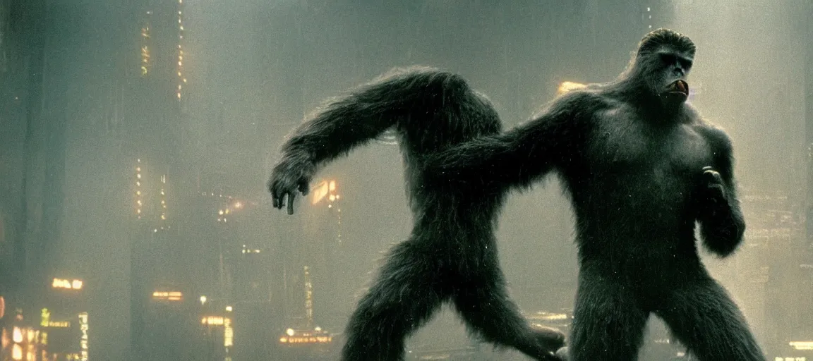 Image similar to an award winning photo of bigfoot in a still from the movie blade runner ( 1 9 8 2 ), 4 k, high quality