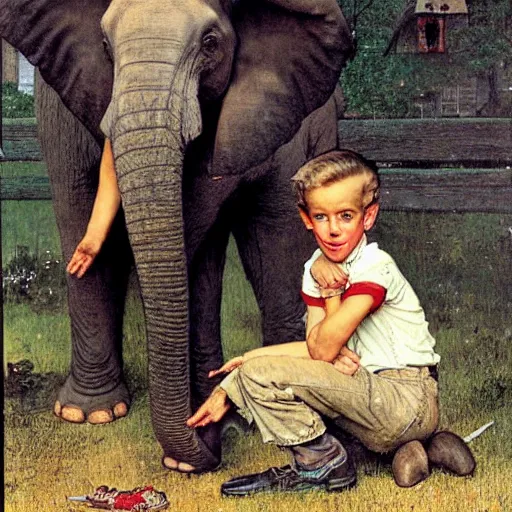 Image similar to a Norman Rockwell painting of a boy and his pet elephant