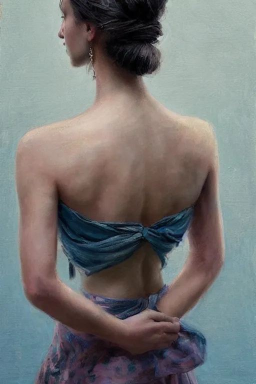 Prompt: girl with messy bun hairstyle, strapless top, back view,!!!!! tattoo sleeve!!!!! jeremy lipking, joseph todorovitch