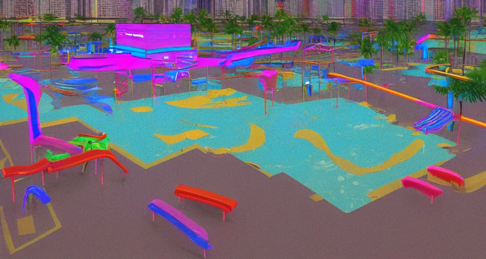 Prompt: 80s VHS vaporwave outrun 3d Render of a flooded playground, liminal space retro, grainy, noisy