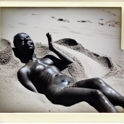 Prompt: found polaroid of a black liquid / mousse / ice cream assembled into the god of contortion and enjoying a sand bath