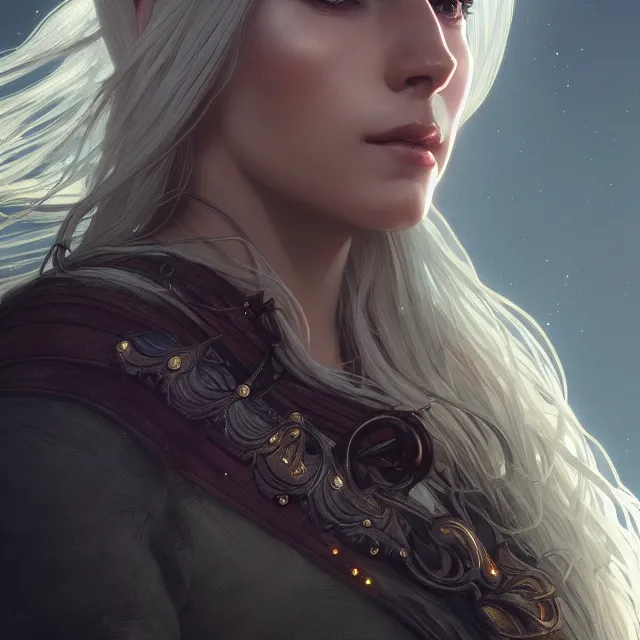 Prompt: close up portrait of a beautiful female witcher, shiny, glowing hair, subsurface scattering, artistic, magical background with light rays, fantasy atmosphere. art by artgerm, greg rutkowski and alphonse mucha, highly detailed, intricate, lifelike. sci - fi, fantasy, magical, octane render,