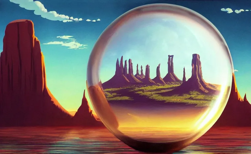 Image similar to a scary hyperrealist painting of a rocketship in a giant transparent forcefield crystal ball from howl's moving castle ( 2 0 0 4 ) in a flooded monument valley stonehenge jungle. depth perception, 4 k, artstation, in the style of studio ghibli