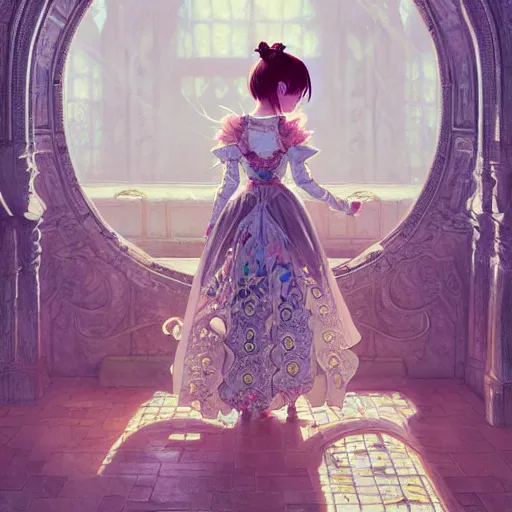 Image similar to beautiful young girl in intricate clothing by ross tran, walking in a castle painted by sana takeda, reflections, very high intricate details, painting, digital anime art, medium shot, mid - shot, composition by ilya kuvshinov, lighting by greg rutkowski