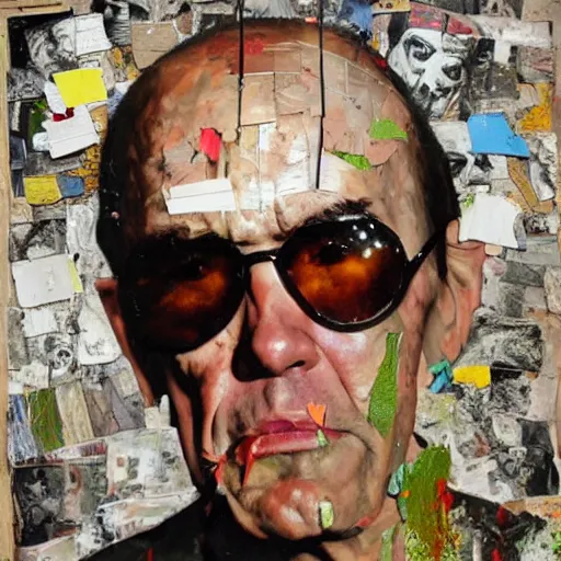 Prompt: hyperrealistic, photorealistic, mixed media oil painting of hunter s. thompson, magazine scraps, plaster, oil, splatter, greg rutkowski