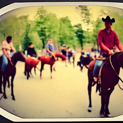 Image similar to Western, people on horses with wheels instead of legs, polaroid, bokeh