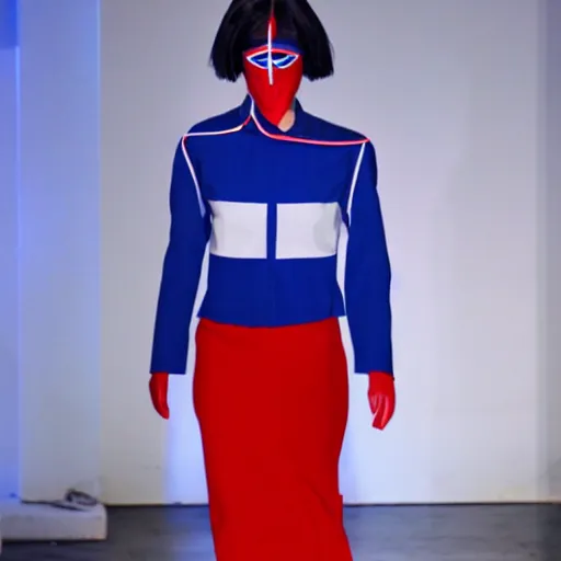 Prompt: dystopian business fashion incorporating red white and blue, brutalist fashion show