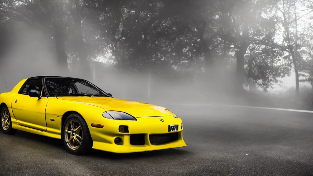 Image similar to a yellow mazda rx 7 with body kit, cinematic, nikon d 7 5 0, long exposure, white balance, 8 k, led, lumen global illumination, fog, ray tracing reflections, fxaa, rtx, post - production