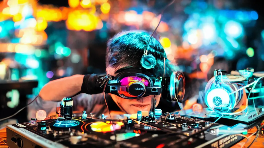 Image similar to a person wearing goggles and visor and headphones using a retro record player contraption, wires and tubes, turntablism dj scratching, intricate planetary gears, cinematic, imax, sharp focus, leds, bokeh, iridescent, black light, fog machine, hazy, lasers, hyper color digital art