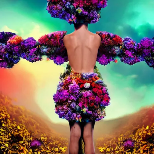 Image similar to A picture of a planet of various flowers, fungus and plants, in which the human figure is dressed in something magical and impressive, inside the picture is infinity, sunset light, Atmospheric phenomenon, artistic photography, muted colors, conceptual