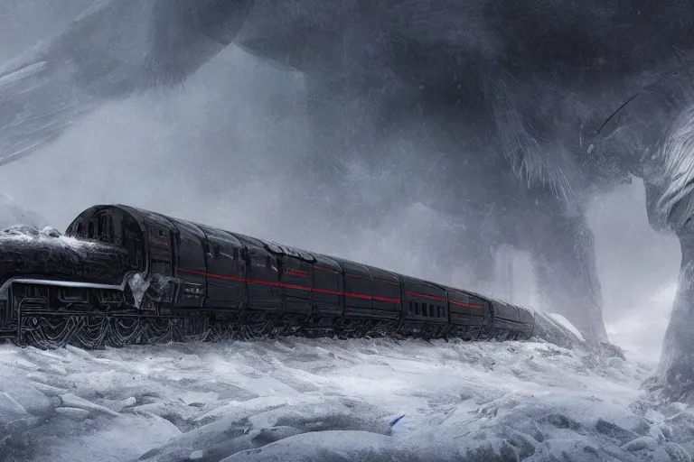 Image similar to a grand intricate futuristic black steam train next to a giant mammoth, post - apocalyptic ice landscape in snowstorm, concept art, artstation, highly detailed, digital art