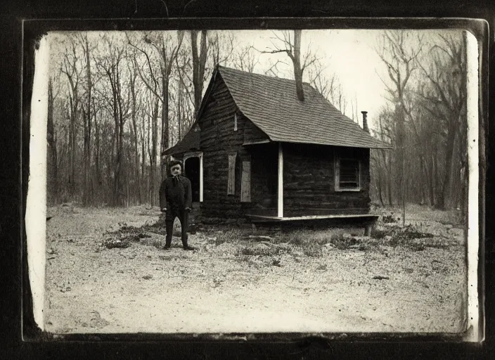 Image similar to sinister black and white old photography of a small house in the woods. a man standing still outside. daguerreotype photo