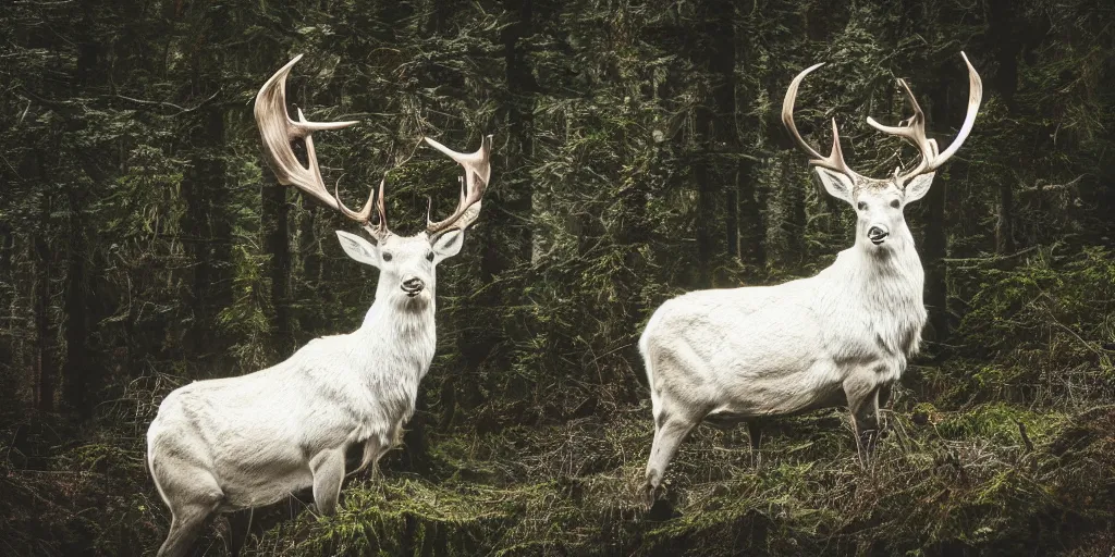 Prompt: king of the forest, a white stag, beautiful, fantasy, hyper realistic, dramatic lighting, cinematic, 3 5 mm lens, 8 k,