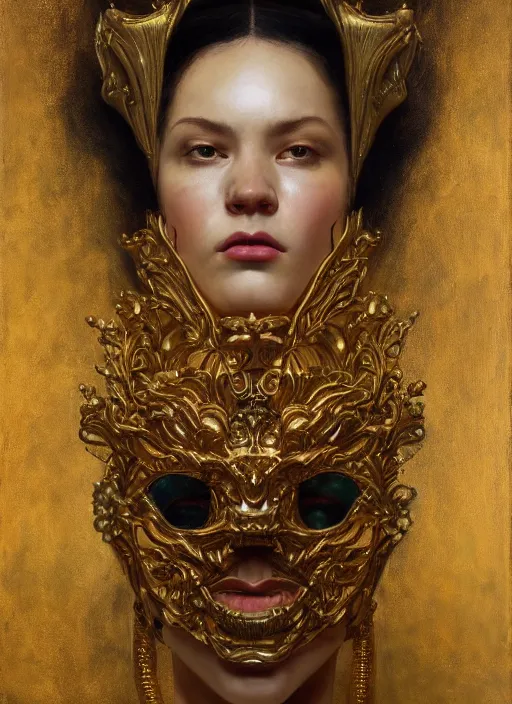 Image similar to highly detailed oil painting | very intricate | cinematic lighting | award - winning | golden baroque tiki mask fashion by alexander mcqueen | by roberto ferri, by tom bagshaw, by j. c. leyendecker and klimt, american romanticism, by austin osman spare, artstation, cgsociety, official art, octane