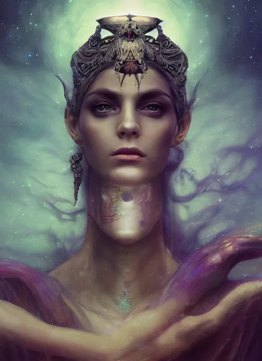 Prompt: epic portrait of menacing and anxious yet stunningly beautiful mechanical djinn overseeing the iridescent fabric of time and space, by charlie bowater, mandy jurgens, gustav klimt, octane render, dramatic camera angle, 4k, 8k, high detail, HDR, by tom bagshaw, powerful, with inspiration from Beksinski, inspired by greek goddess Athena