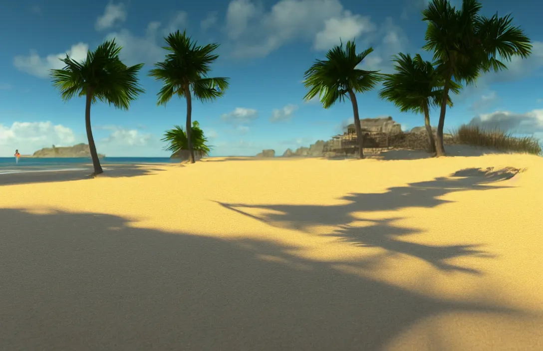 Image similar to on the beach, afternoon, unreal engine rendering, with light and shadow