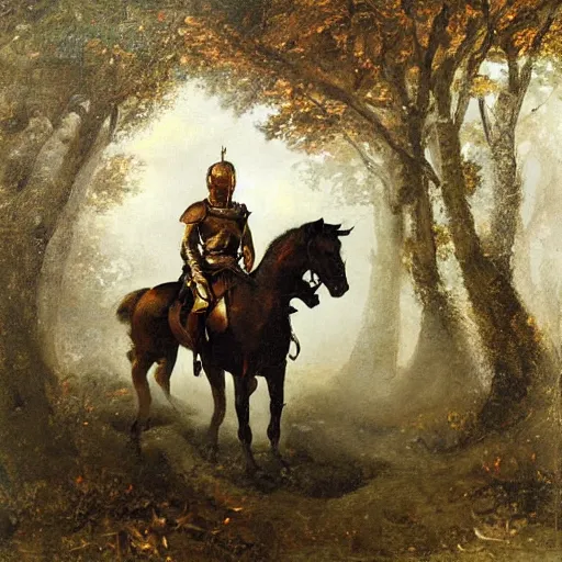 Prompt: seselj wearing shining knight's armor and riding a horse through a dark forest, highly detailed, oil painting