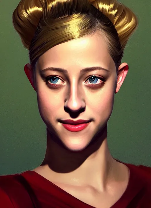 Image similar to portrait of lili reinhart, smiling kindly, bangs, 1 9 6 0 s, ponytail, bangs and ponytail, intricate, elegant, glowing lights, highly detailed, digital painting, artstation, concept art, smooth, sharp focus, illustration, art by wlop, mars ravelo and greg rutkowski