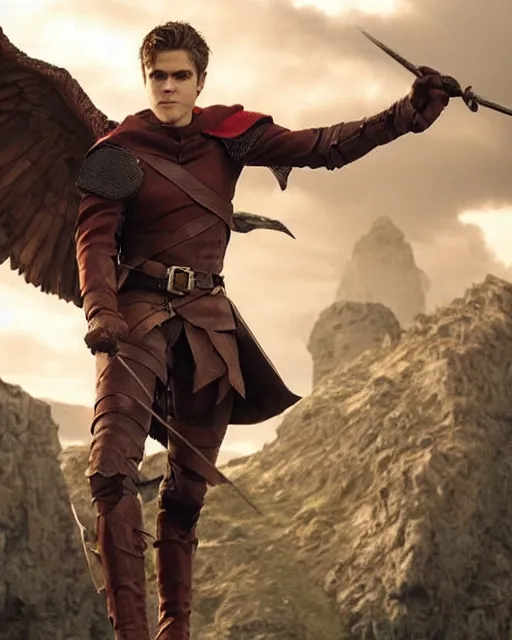 Image similar to Actor Paul Wesley As an Elf Ranger riding a giant Battle Eagle as it soars over the Mountains of Mordor,photorealistic, cinematic