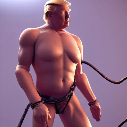 Prompt: Donald Trump with bondage gear body, realistic artstyle, wide shot, dramatic lighting, octane render, hyperrealistic, high quality, highly detailed, HD, beautiful, cinematic, 8k, unreal engine, facial accuracy, symmetrical