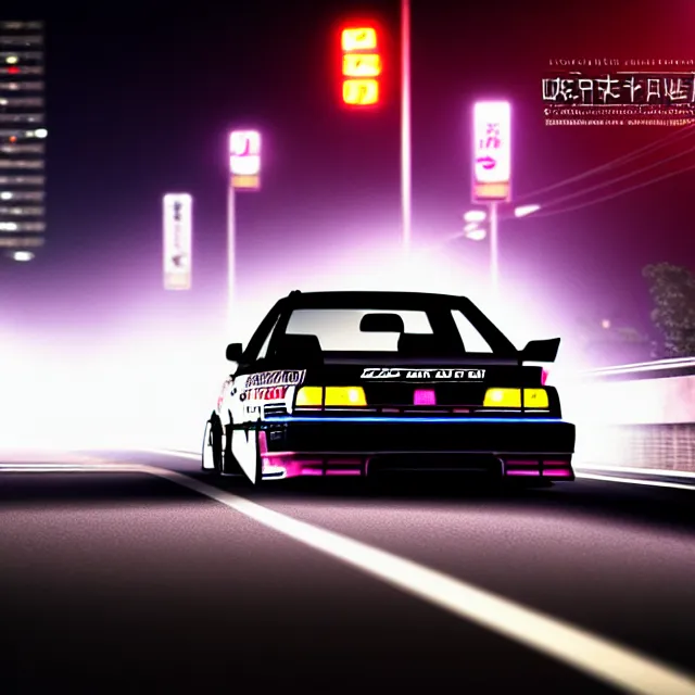 Image similar to a car JZX90 twin turbo drift spec in middle of road, Saitama prefecture, city midnight mist lights, cinematic lighting, photorealistic, highly detailed wheels, high detail