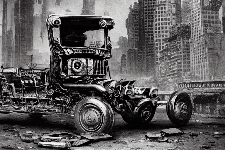 Image similar to cyberpunk 1 9 0 8 model ford t by paul lehr, beksinski, metropolis, parked by view over city, vintage film photo, robotic, silent movie, black and white photo, damaged photo