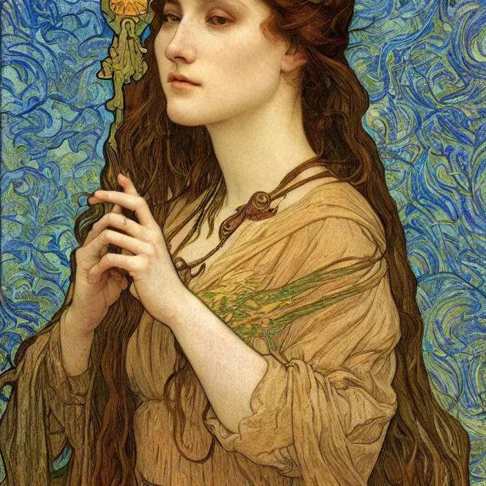Image similar to detailed realistic beautiful young medieval queen face portrait by jean delville, alphonse mucha, vincent van gogh, and marco mazzoni, art nouveau, symbolist, visionary, gothic, pre - raphaelite