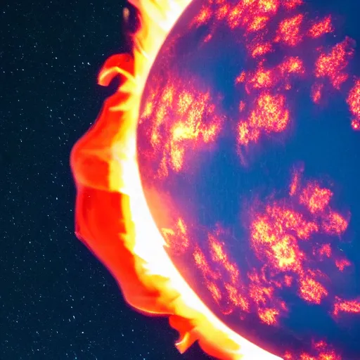 Image similar to red hot burning sphere embedded in fireball explosion with fire, 4 k