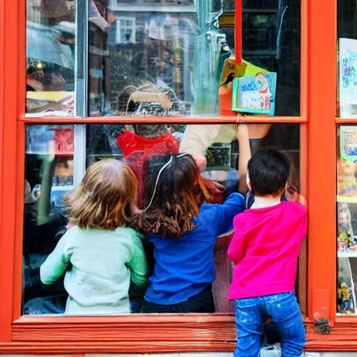 Prompt: kids peeking through a toy store's window from outside, painting