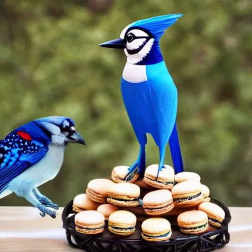 Image similar to a tall blue jay bird standing on top of a basket of macaroons on a table