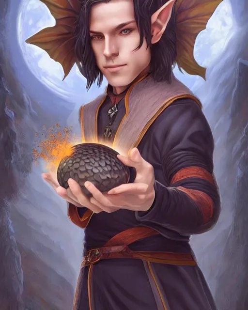 Image similar to portrait of elven boy mage with long black hair holding dragon egg by artgerm modern fantasy 4 k ultra high resolution