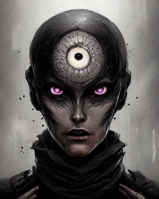 Prompt: professional ominous concept art portrait of a character with black ink makeup and black eyeballs by artgerm and greg rutkowski. an intricate, elegant, highly detailed digital painting, concept art, smooth, sharp focus, illustration, in the style of simon stalenhag, wayne barlowe, and igor kieryluk.