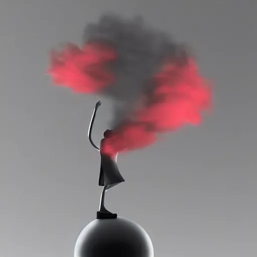 Image similar to man made of smoke in the style of no known artist stands on a red rubber ball, octane render, dramatic lighting, cinematic