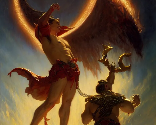 Image similar to attractive male deity, casting demonic magic, summoning handsome lucifer morning star. highly detailed painting by gaston bussiere, craig mullins, j. c. leyendecker 8 k