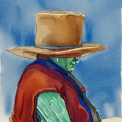 Image similar to a 3 / 4 view watercolor ink painting of an man sits and upper him old mexican magician closes his eyes, in the style of jean giraud in the style of moebius trending on artstation deviantart pinterest detailed realistic hd 8 k high resolution