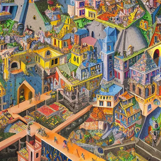 Prompt: a highly detailed intricate and brightly colored painting of a medieval city by Jackson Pollack and Bosch and Dali and MC Escher, exquisite, masterpiece, apotheosis, 4K, very detailed