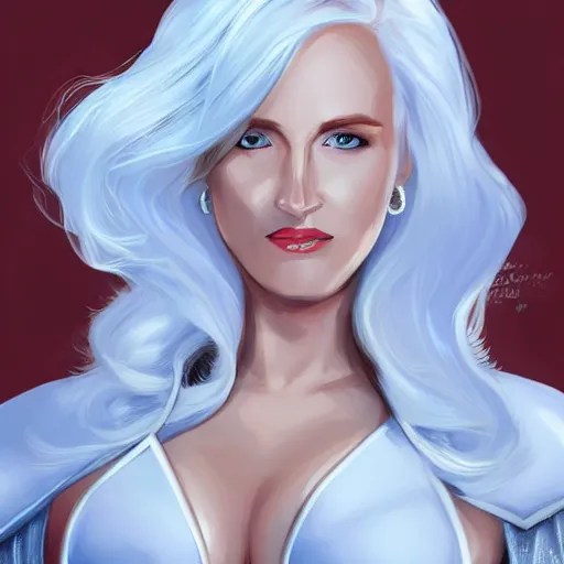 Prompt: portrait of emma frost, a beautiful woman in her 3 0 s with white blonde hair and blue eyes dressed in a fashionable white suit, detailed face, delicate features, smooth, sharp focus, teasing smile, artstation, art by cole marchetti,