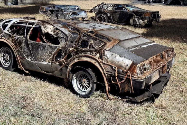 Prompt: rusty, decayed, damaged 1 9 2 2 delorean